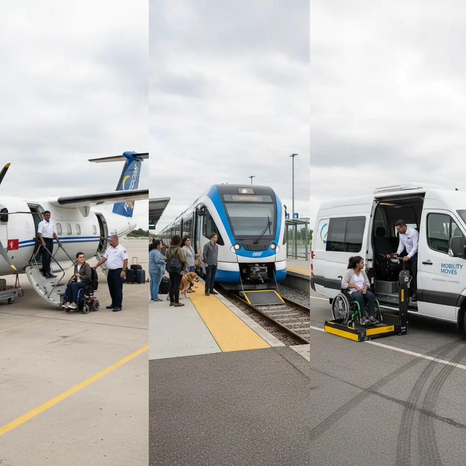 Barrier-Free Transportation: A traveler in a wheelchair boarding an airplane via a portable ramp, an accessible train pulling into a platform with tactile guide paths and a low-floor boarding ramp, and an adaptive rental van equipped with a hydraulic wheelchair lift and hand controls parked nearby.