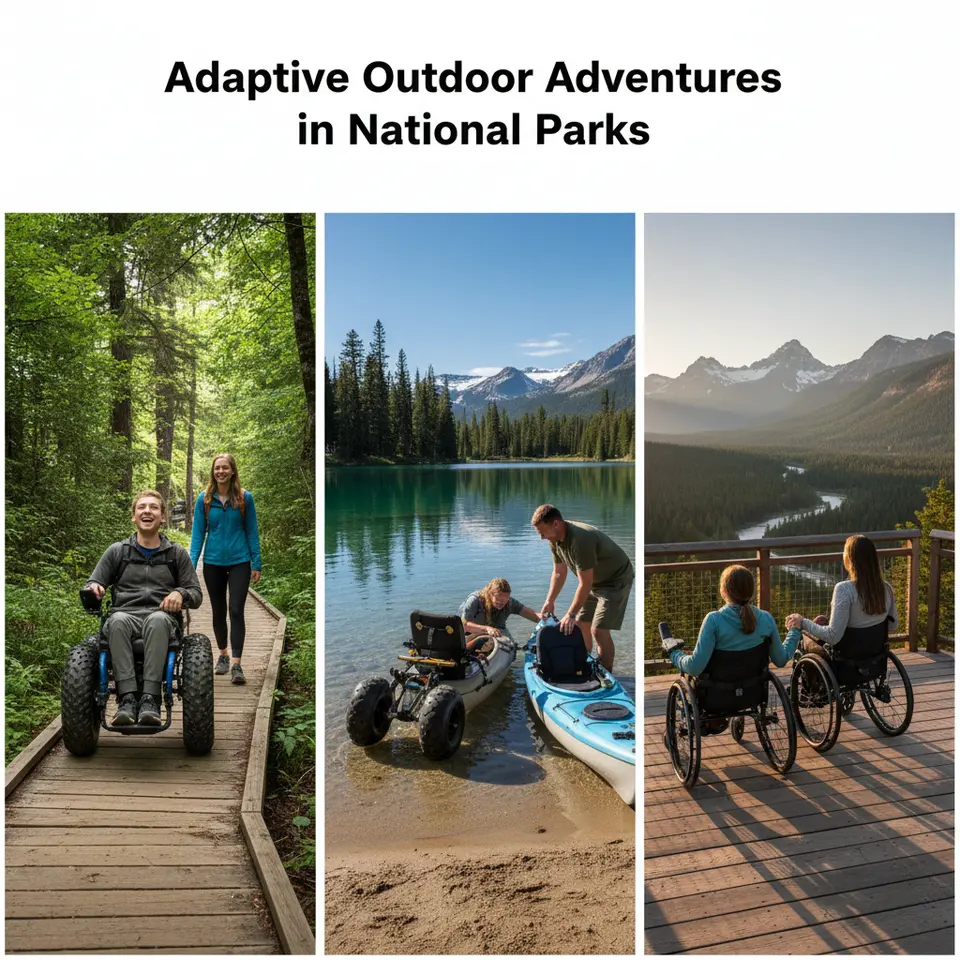 Adaptive Outdoor Adventures in National Parks: An all-terrain wheelchair rolling along a boardwalk trail through a lush forest, an amphibious beach wheelchair sitting at a lakeshore edge next to an adaptive kayak, and an accessible viewpoint platform overlooking mountain vistas.
