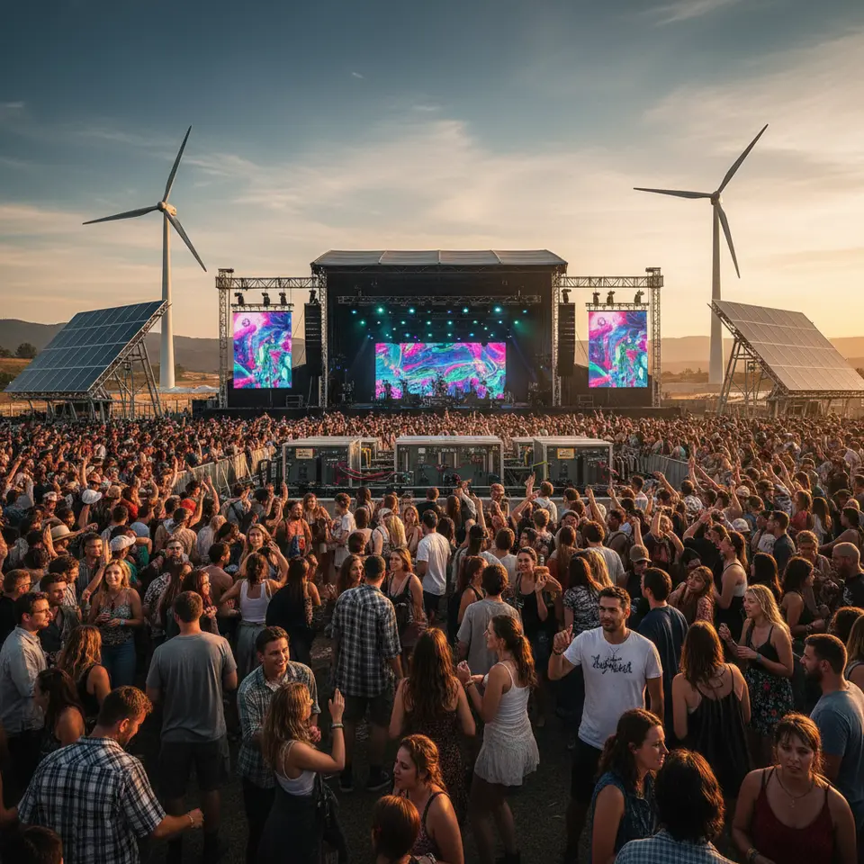 A vibrant outdoor festival stage illuminated by solar panels and wind turbines, with visible microgrid equipment powering LED lights and speakers, surrounded by an enthusiastic crowd dancing under renewable energy installations
