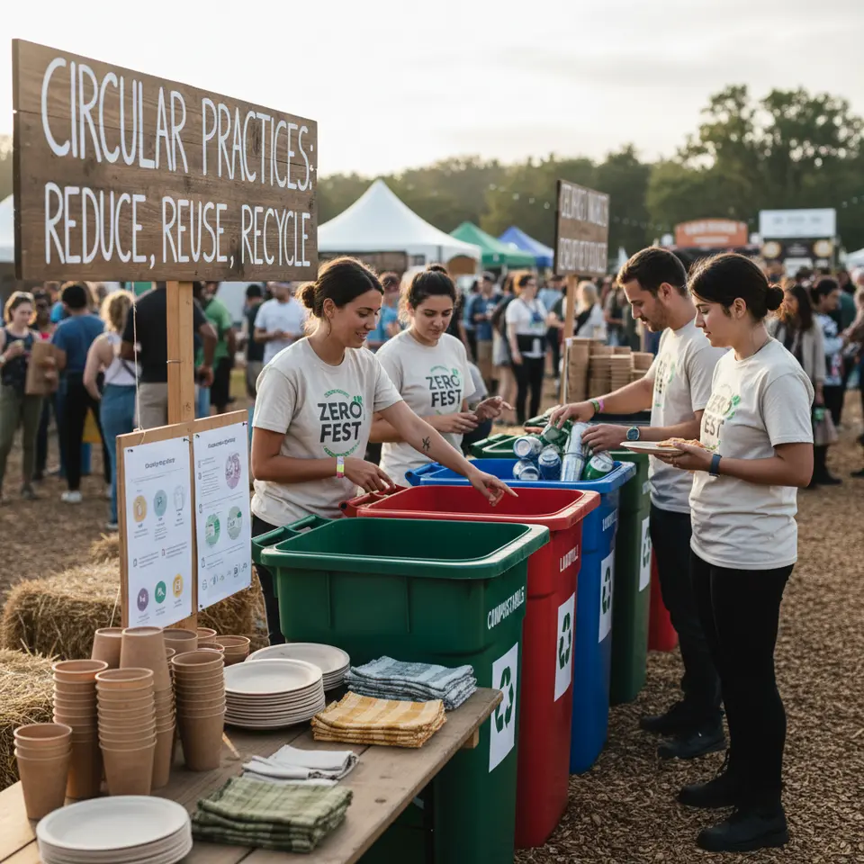 A zero-waste festival waste-sorting area featuring volunteers guiding attendees to color-coded bins for compostables, recyclables, and landfill, with reusable cups, compostable plates, cloth napkins on display, and educational signage about circular practices