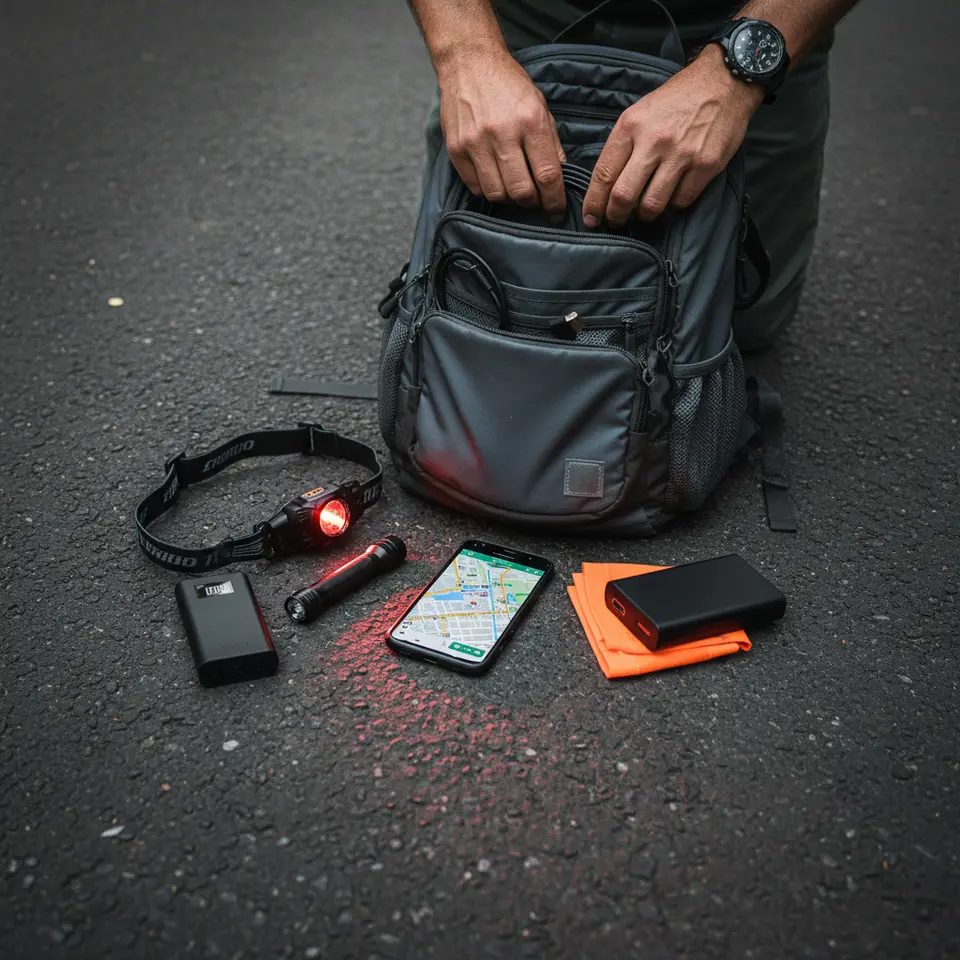 Flat-lay of essential after-dark travel gear on a dark urban surface: a headlamp with adjustable red-light mode, compact flashlight, reflective vest strips, multiple charged power banks, a water-resistant compact backpack with open compartments, and a smartphone screen displaying an offline city map.