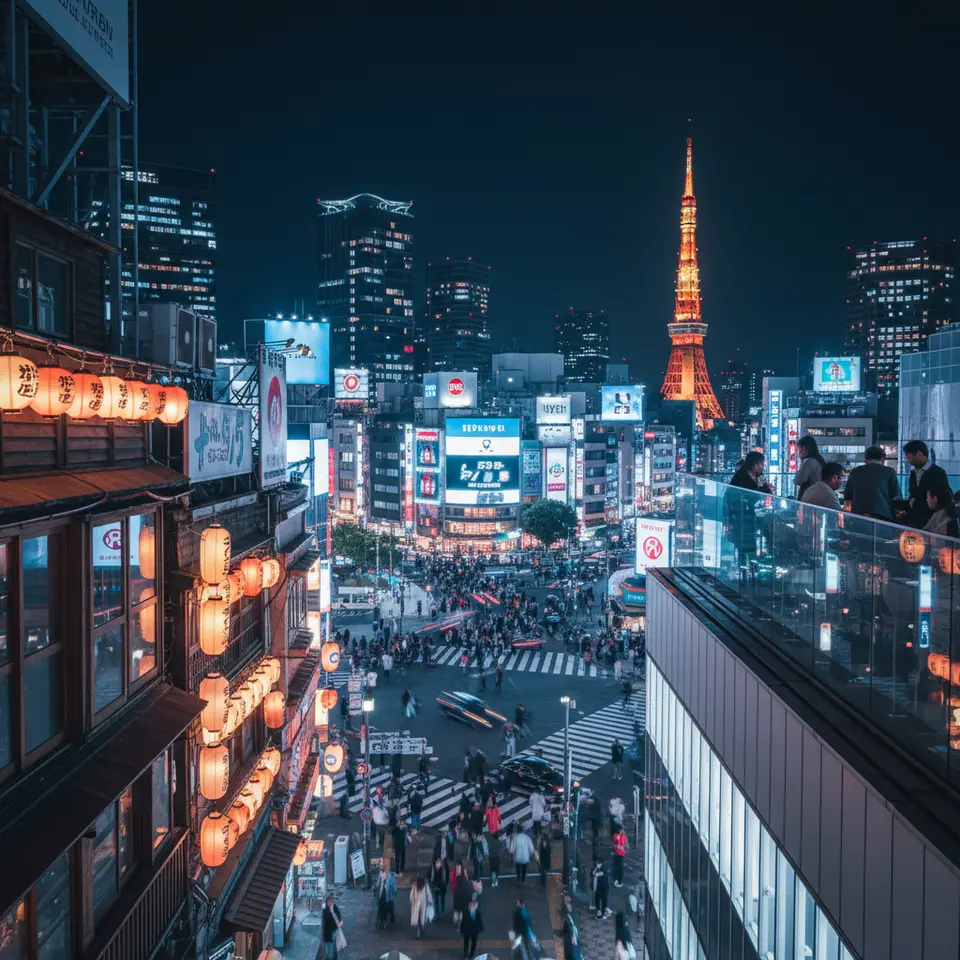 Nighttime Tokyo city safari scene: bustling Shinjuku neon canyons with towering electronic billboards, the blurred motion of pedestrians at Shibuya Crossing, narrow lantern-lit alleyways of Golden Gai lined with paper-lantern izakayas, and a distant rooftop bar view of Tokyo Tower glowing red against the night sky.