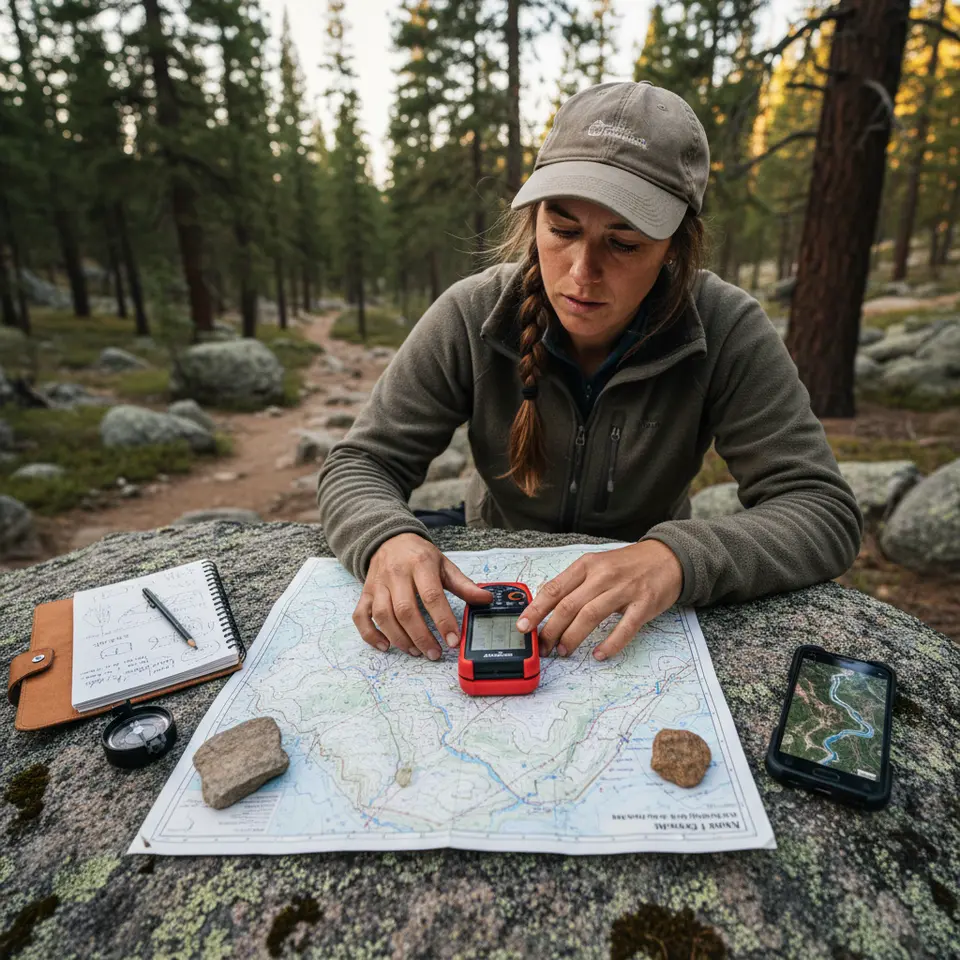Mapping Your Journey: A close-up scene of a hiker planning an off-grid route—spread atop a mossy boulder lies a detailed topographic map with marked elevation contours and water sources, beside a handheld GPS unit, compass, notebook with waypoint annotations, and a smartphone displaying satellite imagery.