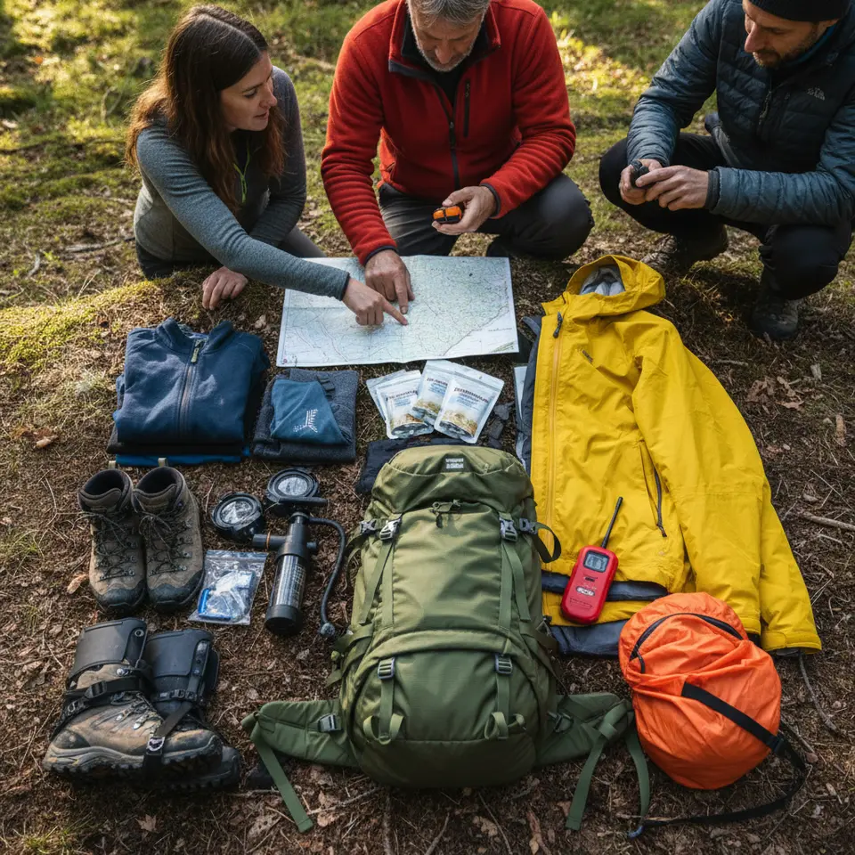 Gear Up: A vibrant flat-lay of essential remote trek equipment—lightweight 50-65 L backpack with adjustable straps, layered moisture-wicking clothing (base layer, insulating mid-layer, waterproof shell), sturdy hiking boots with gaiters, handheld GPS, topo map, water filtration pump, compact freeze-dried meals, headlamp with spare batteries, emergency bivvy, and a personal locator beacon.