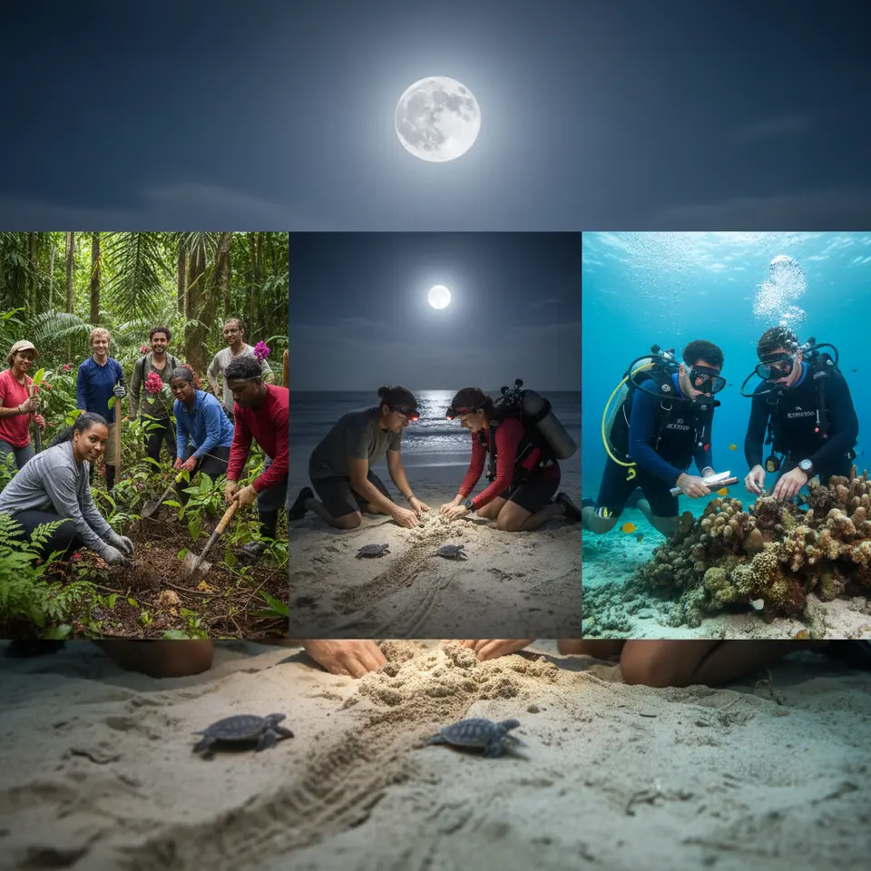 Wildlife Conservation: Volunteers planting native trees in a lush tropical forest, monitoring sea turtle nests on a moonlit beach, and scuba divers transplanting coral fragments under the guidance of marine biologists