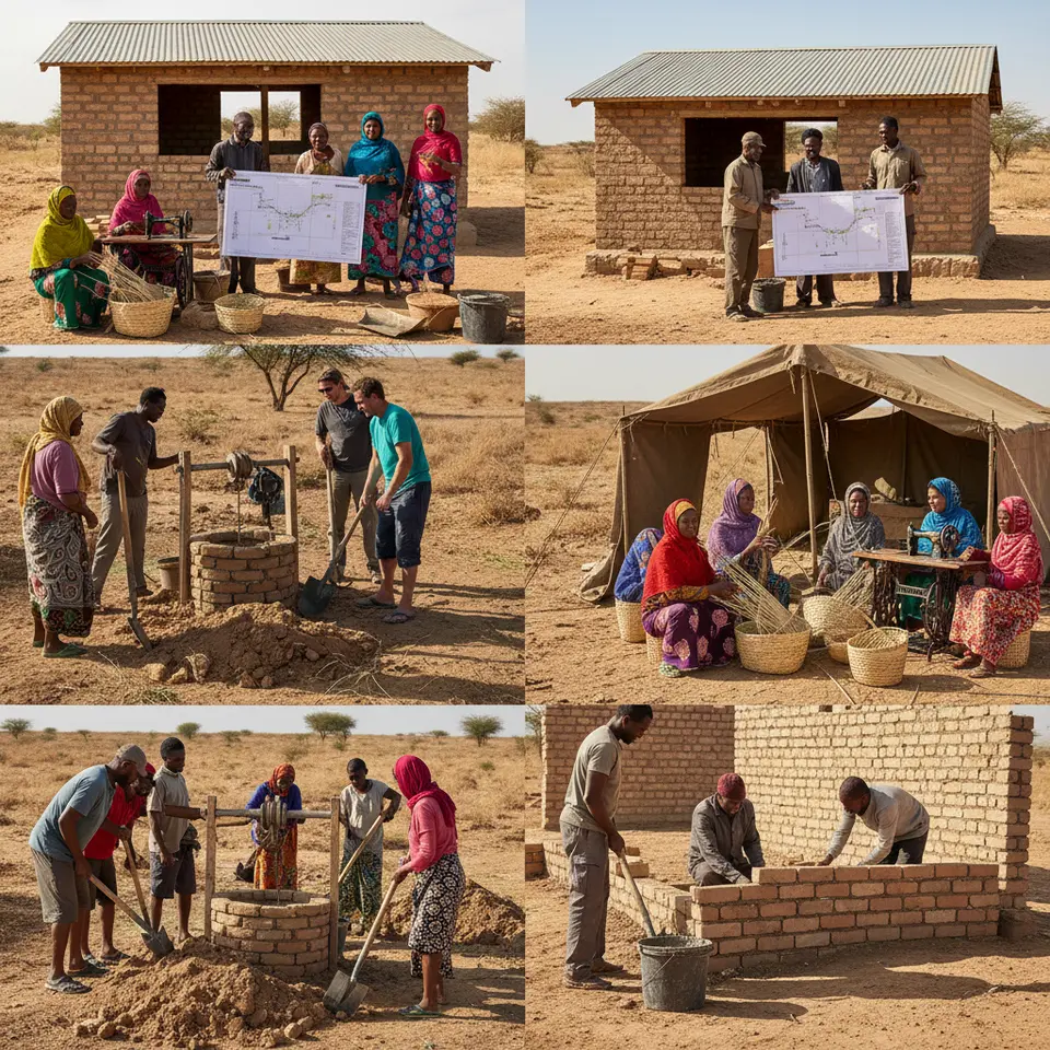 Community Development: A diverse team of volunteers and local residents working together to dig a freshwater well, build a school’s brick walls, teach a women’s cooperative vocational skills, and review transparent project plans with community leaders