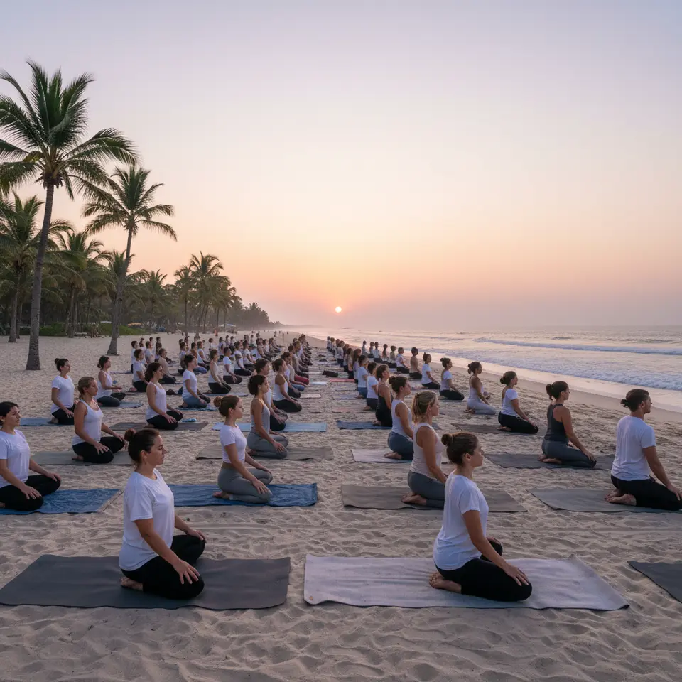 Yoga and Meditation Sanctuaries: a sunrise beach scene with rows of participants on yoga mats, gently flowing into asana poses, palm trees swaying, soft pastel sky and distant ocean waves for a tranquil mindfulness retreat
