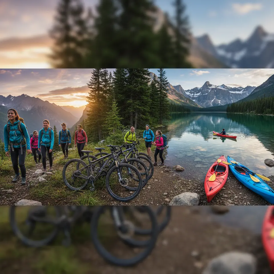 Active Adventure and Fitness Camps: a rugged mountain landscape with a group on a sunrise hike, mountain bikes lined up against a pine forest backdrop, and kayaks waiting at the edge of a crystal-clear alpine lake to capture high-energy outdoor workouts