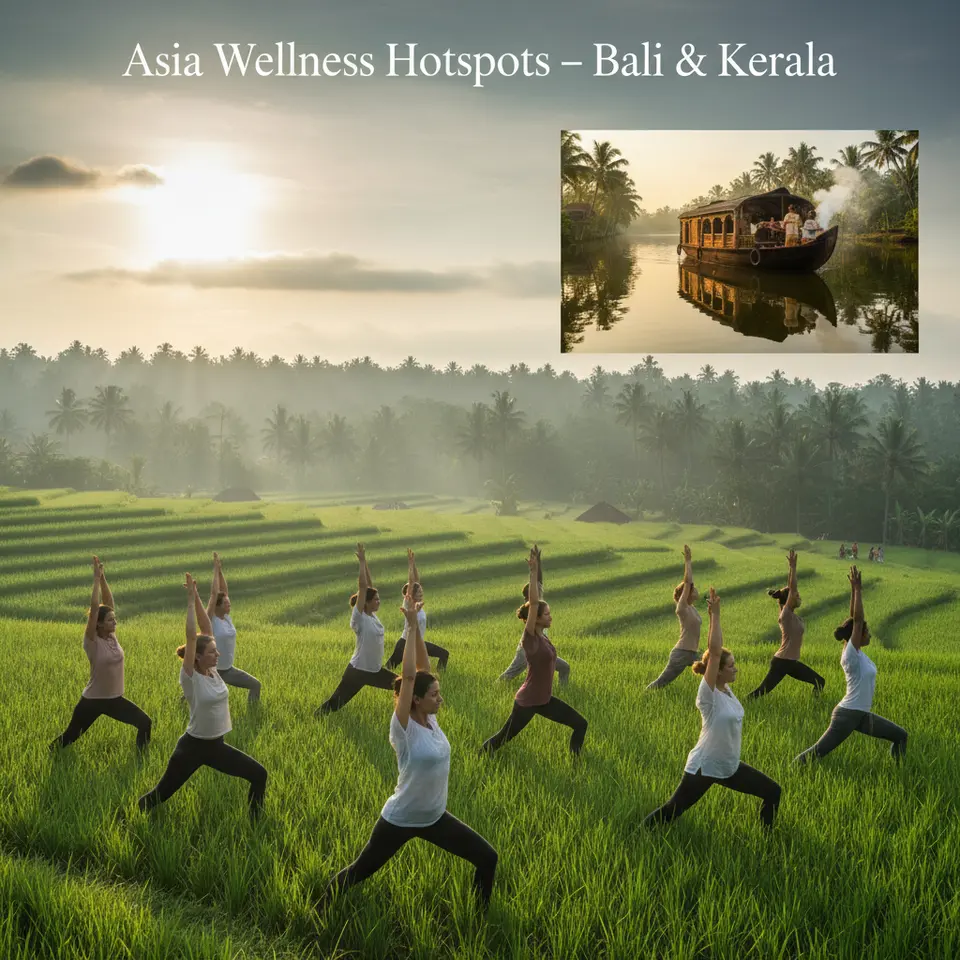 Asia Wellness Hotspots – Bali & Kerala: A sunrise scene of yogis moving through Vinyasa flows atop lush green rice terraces in Ubud, with a secondary inset of a tranquil Ayurvedic back-water houseboat in Kerala where guests receive herbal steam therapies amid swaying palms and calm river waters.