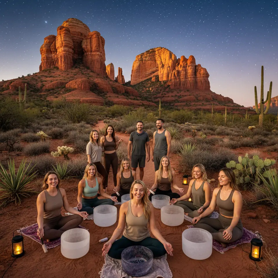 Sedona Desert Energy Retreat: A group of wellness travelers on a red-rock vortex hike at golden hour, surrounded by towering sandstone formations, transitioning into an evening sound-bath ceremony under a vast starry sky, complete with crystal-infused therapy tools and desert flora silhouettes.