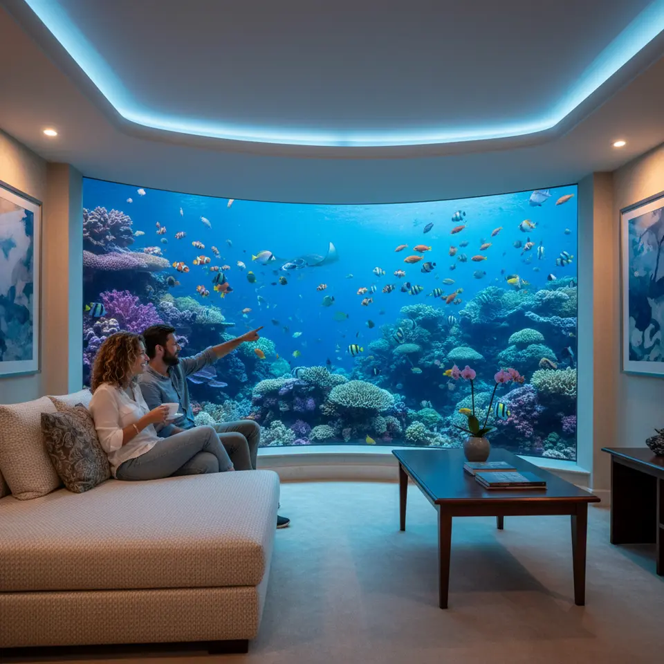 A luxurious underwater hotel suite interior with floor-to-ceiling acrylic windows revealing a vibrant coral reef and schools of tropical fish, complete with ambient LED lighting designed to protect nocturnal species, plush seating, and elegant furnishings.