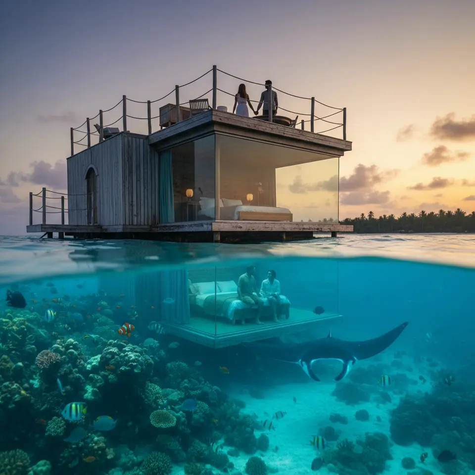 Manta Resort’s unique floating undersea bedroom (the Floatel) gently drifting by day and submerging by night off Pemba Island, showing a rotating glass-enclosed room surrounded by colorful reef habitats and marine creatures under a dusky sky.