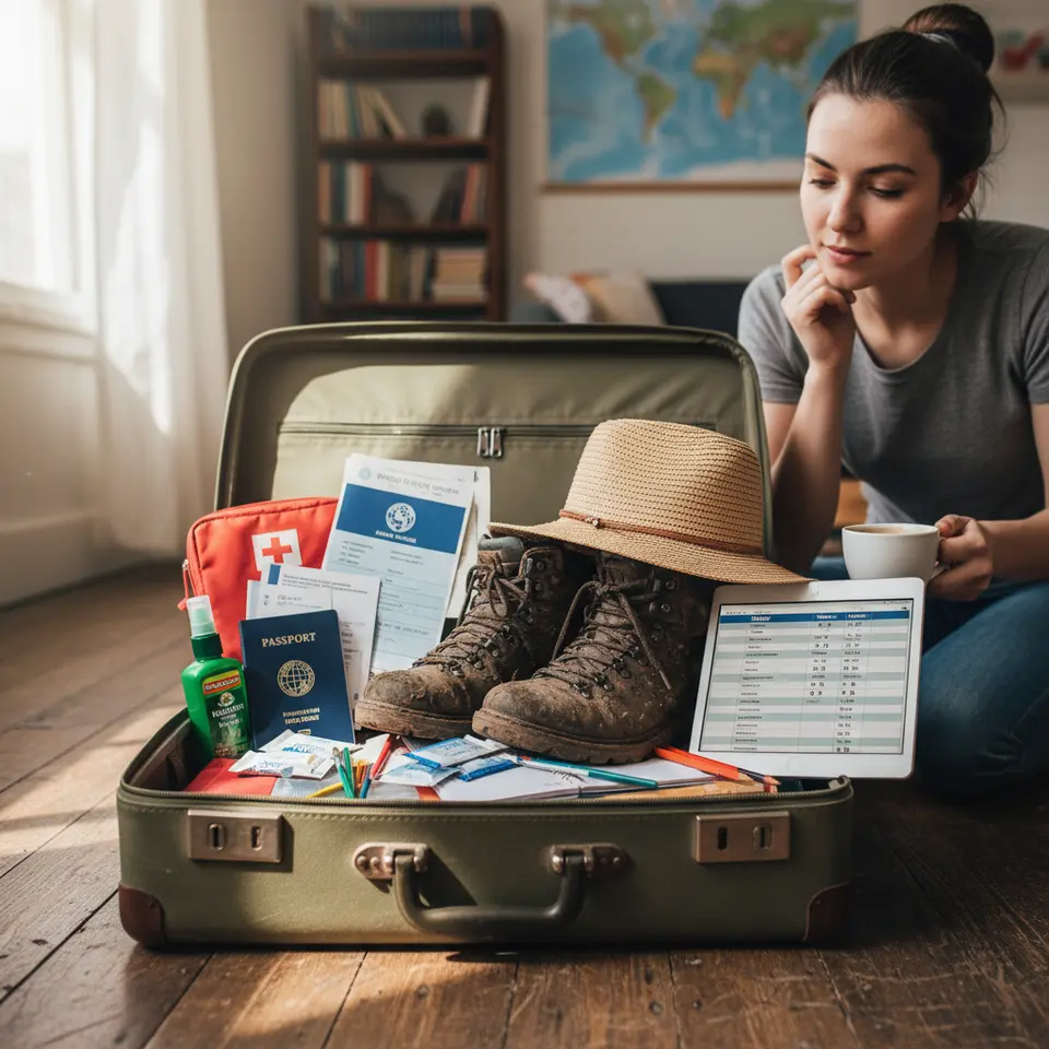 An infographic-style illustration of “Preparing for Your Volunteer Travel Journey”: a neatly packed suitcase open to reveal essential items—first-aid kit with bandages and insect repellent, passport and visa documents, travel insurance papers, sturdy hiking boots, sunhat and sunscreen, water purification tablets, art supplies for teaching, and a budget spreadsheet with currency icons.