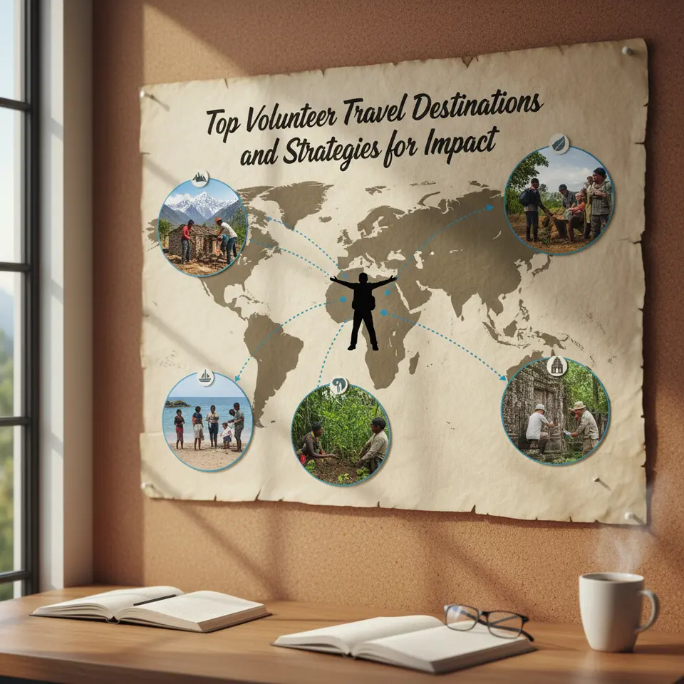 A world map titled “Top Volunteer Travel Destinations and Strategies for Impact” with pinpoint icons and small vignettes for each location: mountain village rebuilding in Nepal, agroforestry in Peru’s Amazon, wildlife conservation in Kenya, refugee relief on Greece’s Aegean islands, and temple restoration in Cambodia—each marked by distinctive symbols and connected by dotted lines to a central volunteer figure.