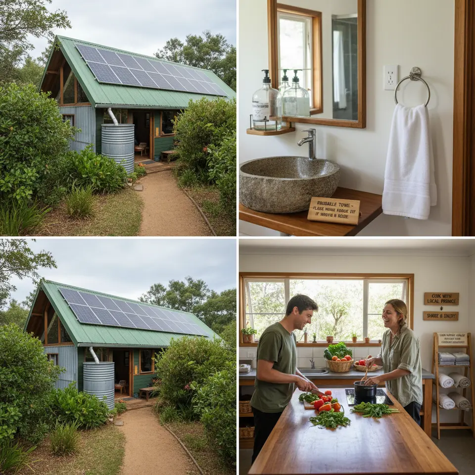 Selecting Eco-Conscious Accommodations: an eco-lodge exterior with solar panels on the roof, a rainwater harvesting system, and inside a bathroom featuring bulk shampoo and soap refill dispensers, plus a communal kitchen where travelers cook fresh local produce and reusable towel signs indicating linen-reuse policies